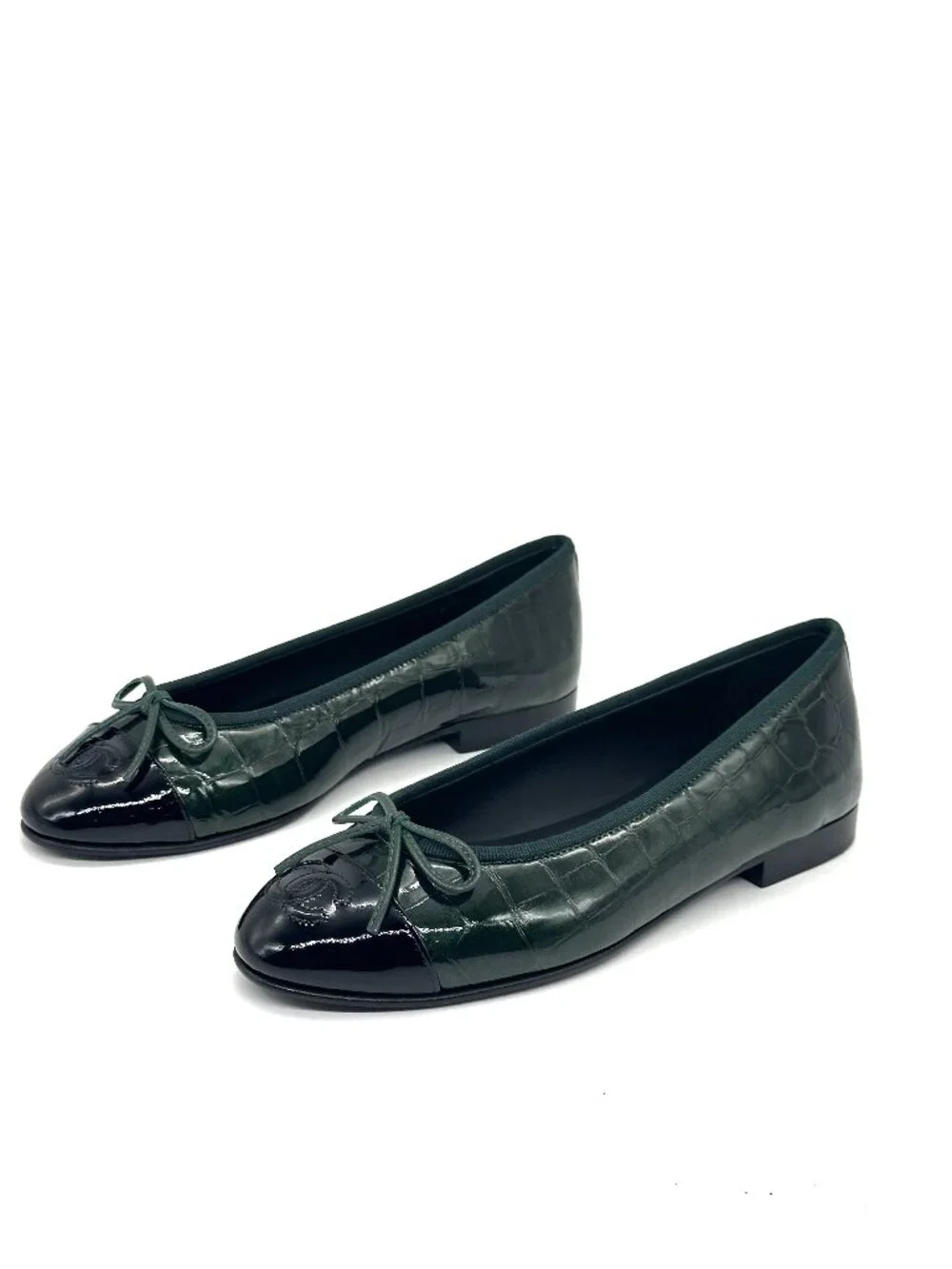 CHANEL 26A Crocodile Embossed Patent Leather Cap Toe Bow Ballerina Ballet Flats - Picture 5 of 16